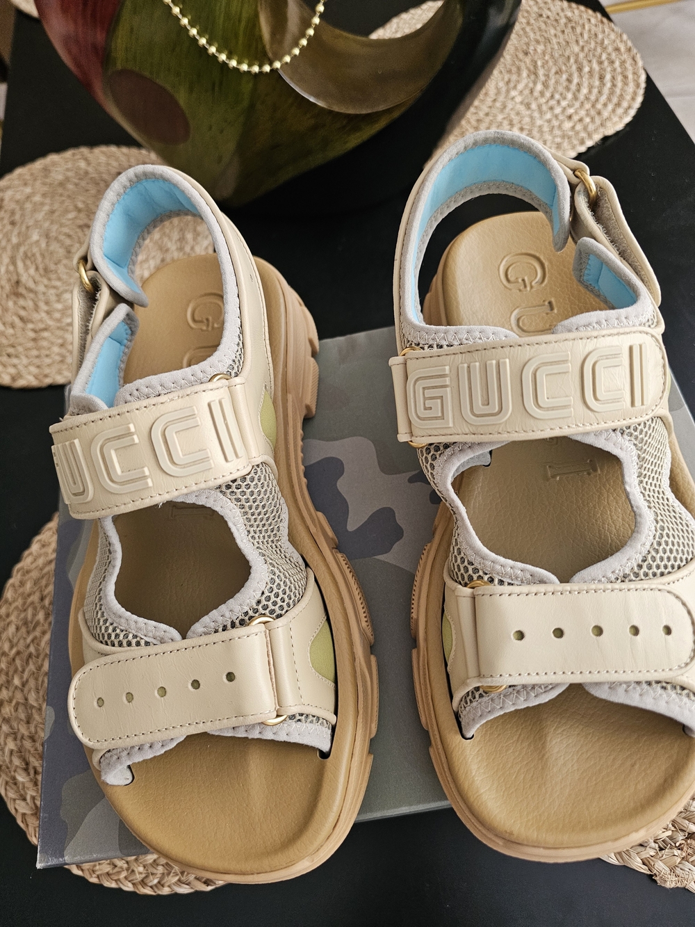 Gucci Men Beige Leather Sandals with Light Blue Lining